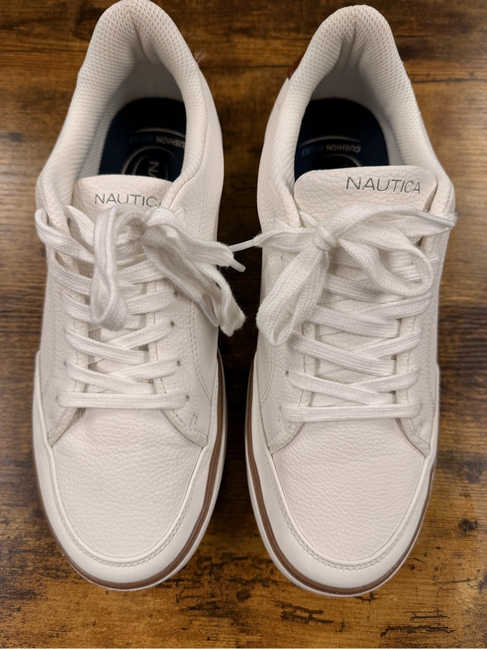 Nautica White Leather Sneakers with Brown Outsole Accent